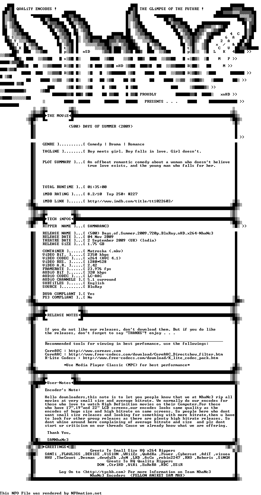 500 Days Of Summer 2009 720p BluRay nHD x264 NhaNc3