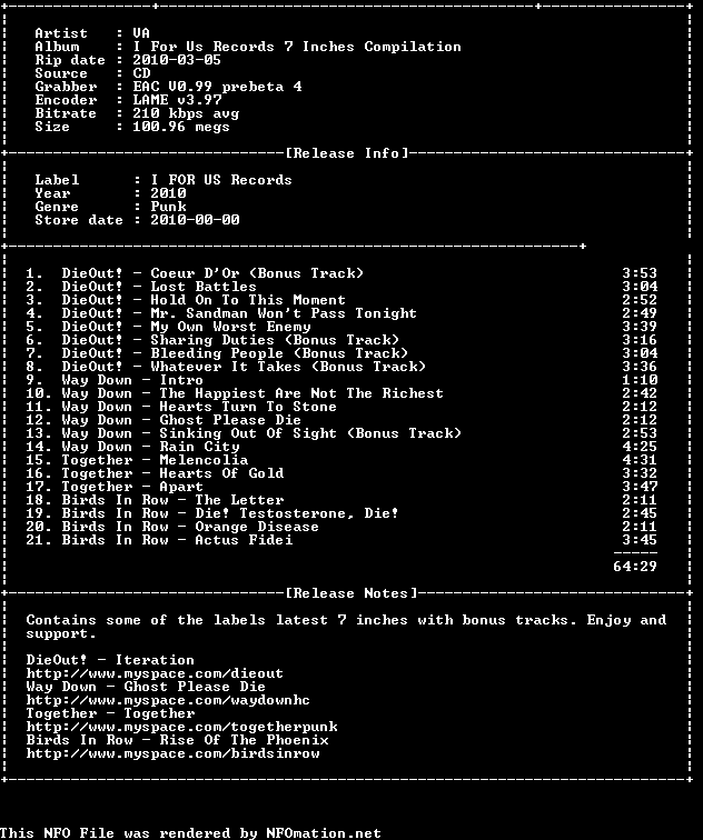 00-va-i_for_us_records_7_inches_compilation-_promo_-2010.nfo rendered as an image