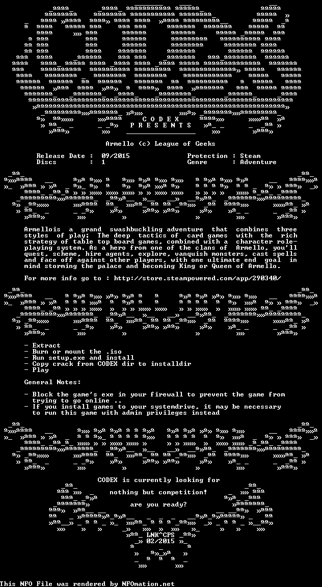 Armello-CODEX.nfo rendered as an image