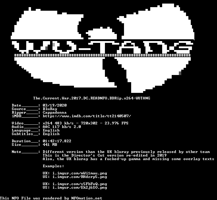 the.current.war.2017.dc.bdrip.x264-wutang.nfo rendered as an image