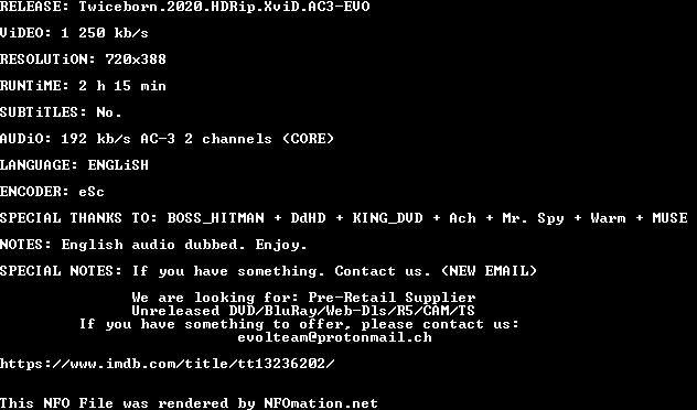 Twiceborn.2020.HDRip.XviD.AC3-EVO.nfo rendered as an image