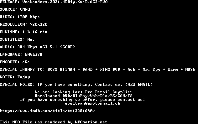 Weekenders.2021.HDRip.XviD.AC3-EVO.nfo rendered as an image