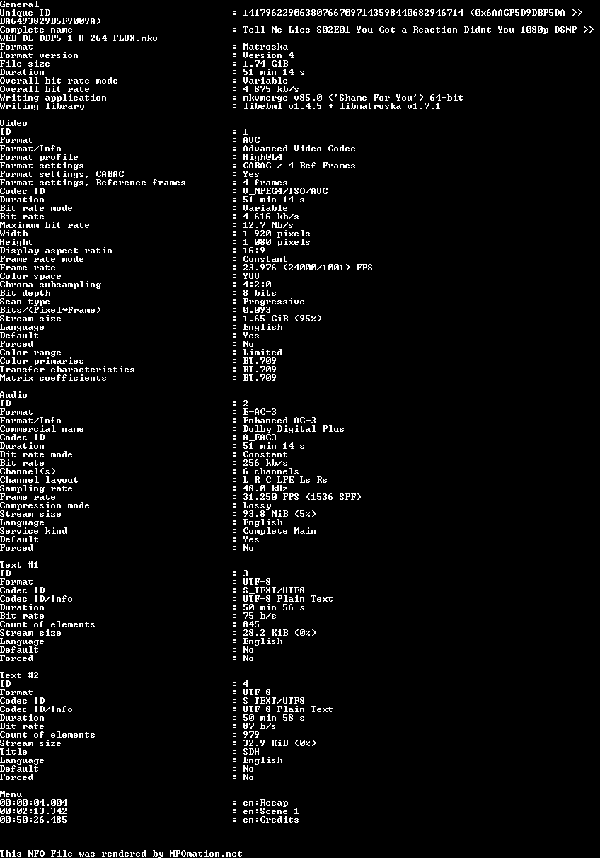 Tell.Me.Lies.S02E01.1080p.DSNP.WEB-DL.DDP5.1.H.264-FLUX.nfo rendered as an image