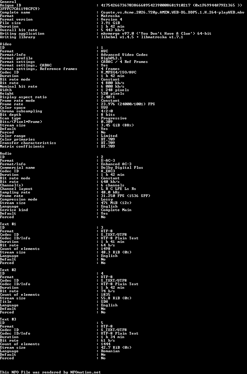 Coyote.vs.Acme.2026.720p.AMZN.WEB-DL.DDP5.1.H.264-playWEB.nfo rendered as an image
