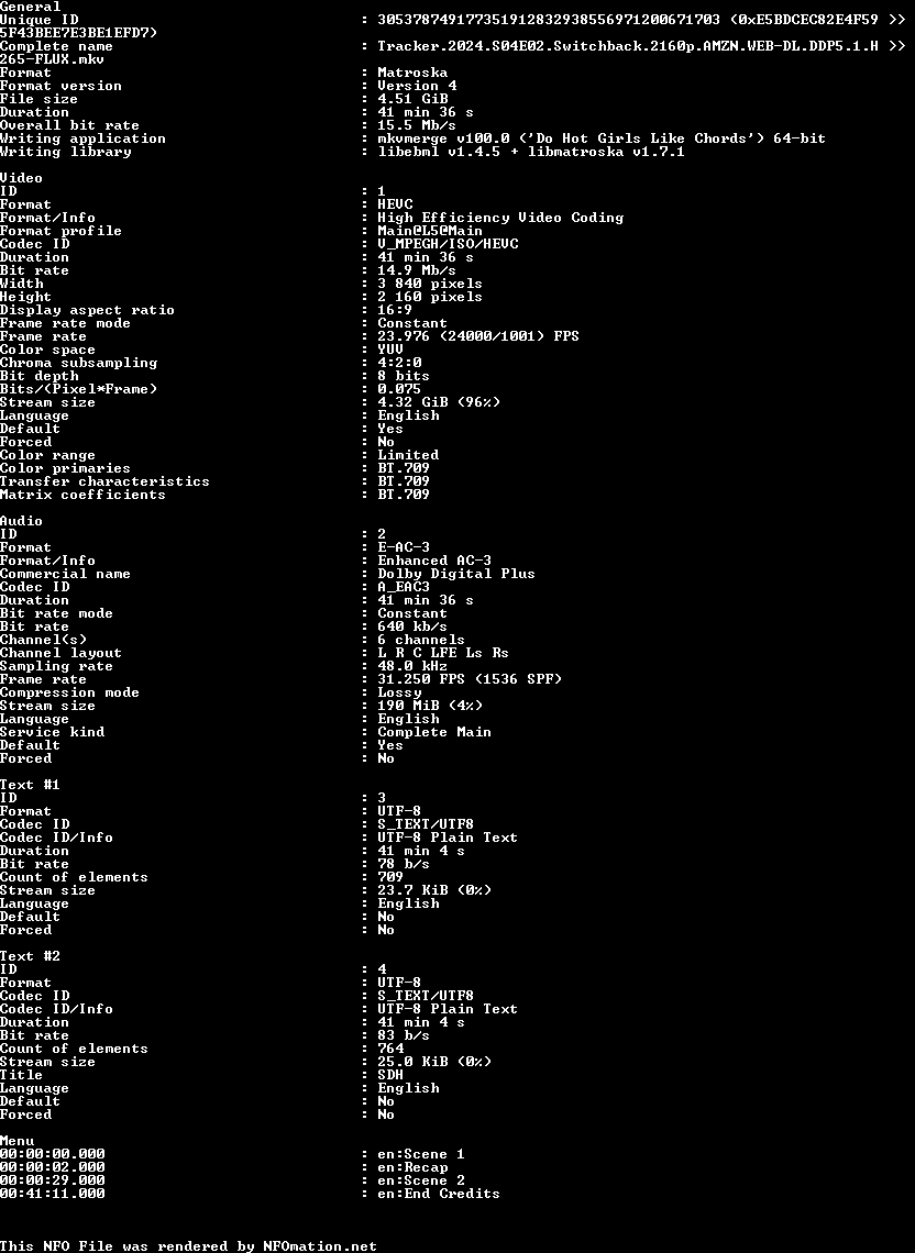 Tracker.2024.S04E02.2160p.AMZN.WEB-DL.DDP5.1.HEVC-FLUX.nfo rendered as an image