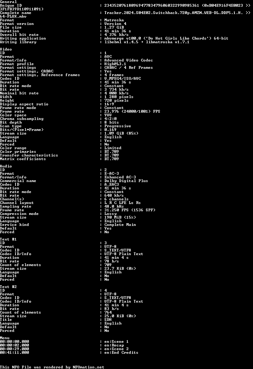 Tracker.2024.S04E02.720p.AMZN.WEB-DL.DDP5.1.H.264-FLUX.nfo rendered as an image