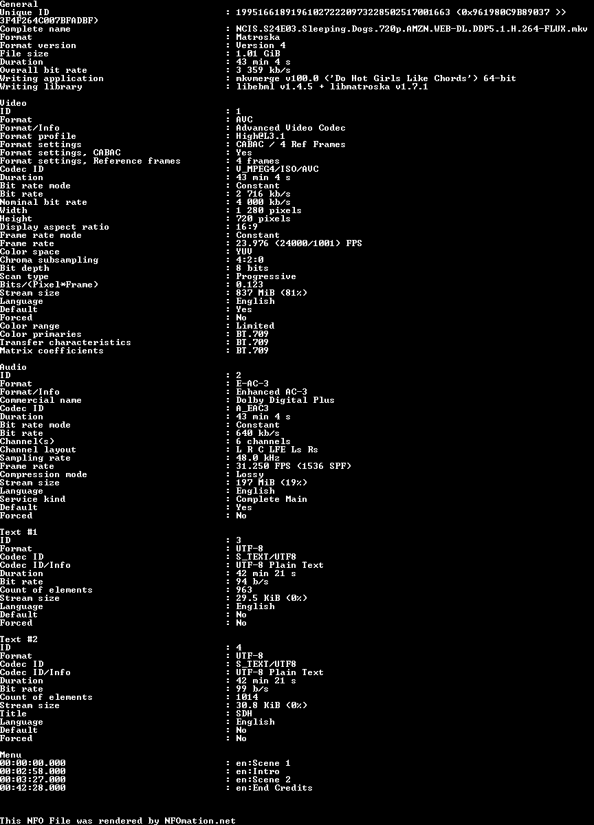 NCIS.S24E03.720p.AMZN.WEB-DL.DDP5.1.H.264-FLUX.nfo rendered as an image