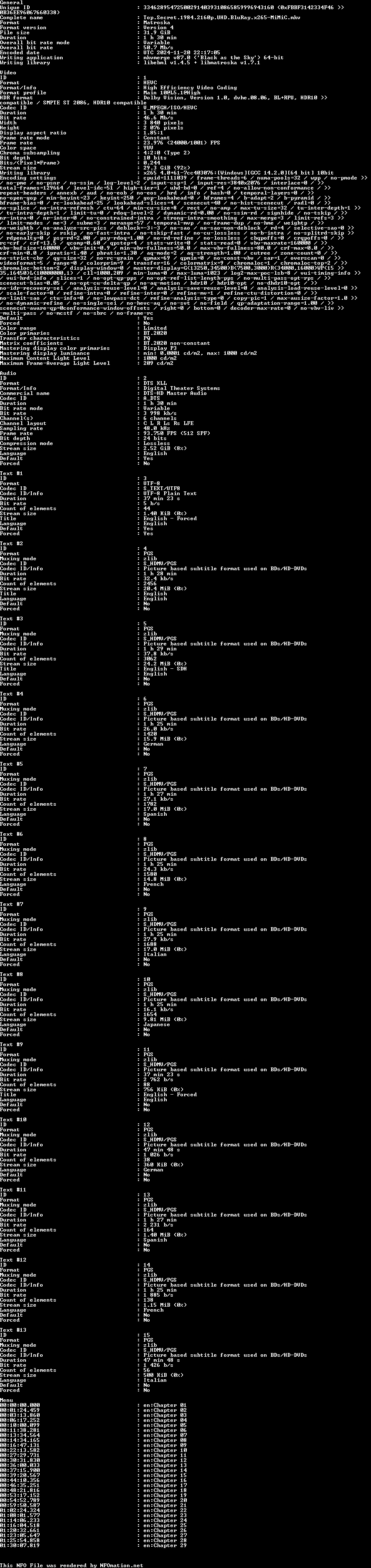 Top.Secret.1984.2160p.UHD.BluRay.x265-MiMiC.nfo rendered as an image