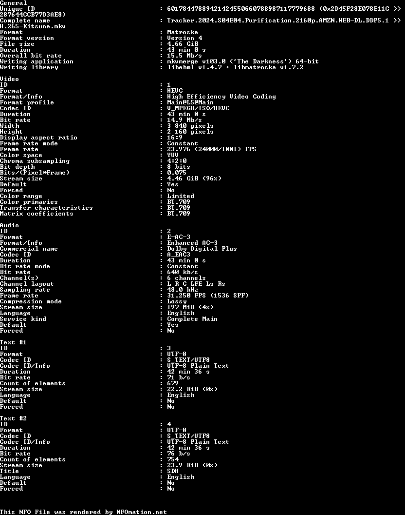 Tracker.2024.S04E04.2160p.AMZN.WEB-DL.DDP5.1.HEVC-Kitsune.nfo rendered as an image