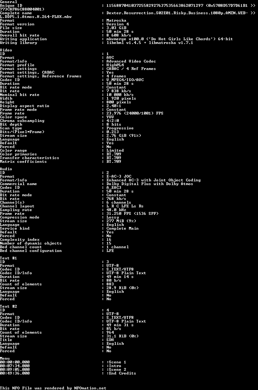 Dexter.Resurrection.S02E01.1080p.AMZN.WEB-DL.DDPA5.1.H.264-FLUX.nfo rendered as an image