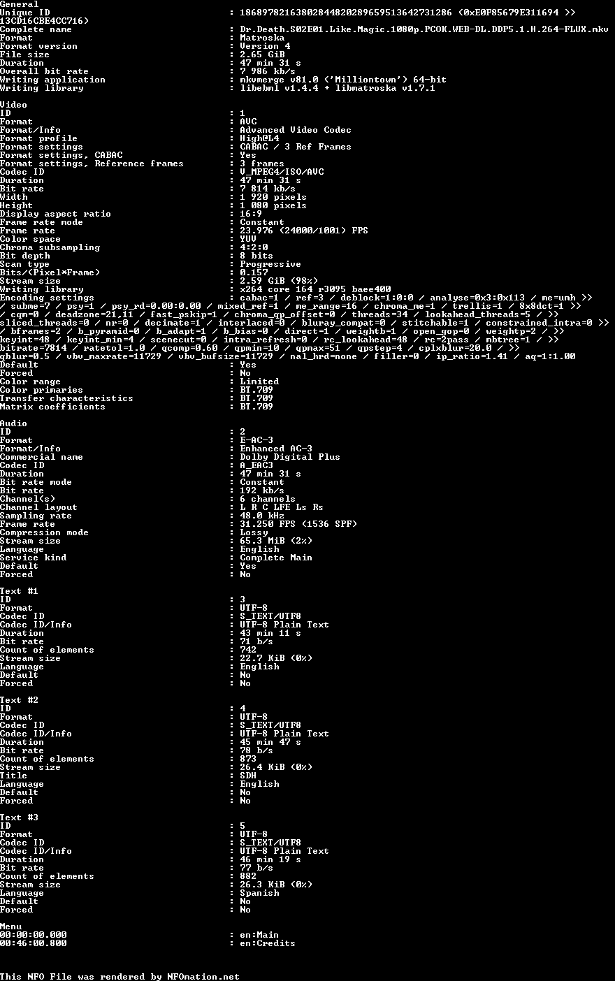 Dr.Death.S02.1080p.PCOK.WEB-DL.H.264-FLUX.nfo rendered as an image