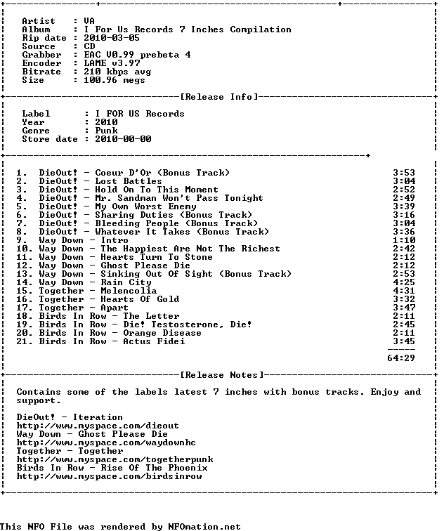 00-va-i_for_us_records_7_inches_compilation-_promo_-2010.nfo rendered as an image