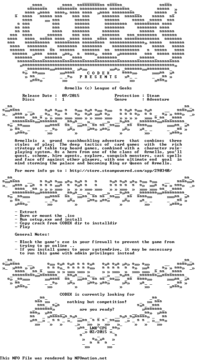 Armello-CODEX.nfo rendered as an image